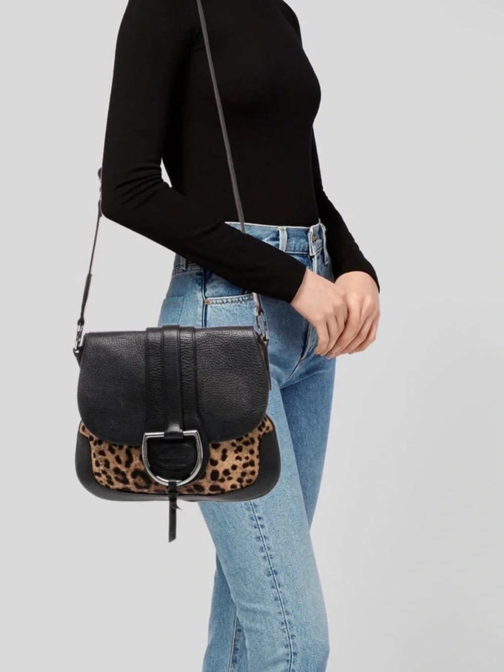 Dolce & Gabbana Black Leather Crossbody with Leopard Print Panel